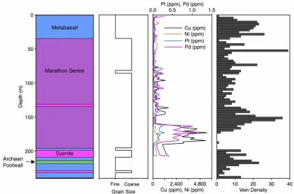 Figure 2.5 Down hole plot of drill hole M-06-221 illustrating the lithology, grain size, Cu, Ni, Pt, and Pd concentration (in ppm) from 2-m assay intervals, and vein density as counted per 3-m interval of drill core