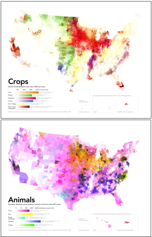 Figure 1. Two heat maps generated with 2007 Census of Agriculture data by B. Rankin  (2009a, 2009b)