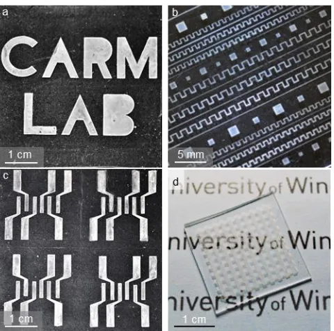 Figure 2.1. (a) Optical micrograph of letters with various curvatures. (b) Optical micrograph of 