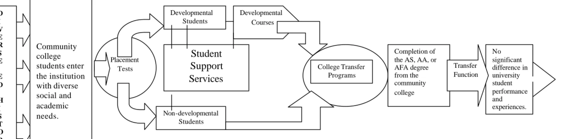 Figure 1.  Developmental and Non-developmental Community College Transfer Students’ Performance and Experiences at the  Community College and  University