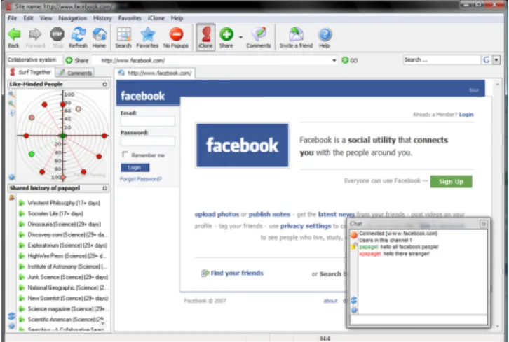 Figure 1. The web browser application. On the left, the semantic neighborhood radar (top) and the shared  his-tory list (down) of a user are presented