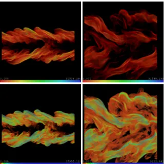 Figure 1: A combustion data set of two time steps, left to right, with different transfer functions applied to it