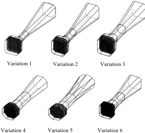 Fig. 8. Some variations from design wind tunnel; Variation 1, Variation 2, Variation 3, Variation 4, Variation 5, Variation 6