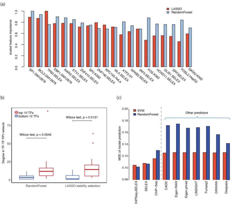 Fig 3. Model based feature selection. (a) Importance of the top-ranked features for SELEX- and ChIP-Seq-derived models