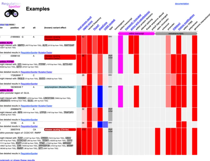 Figure 2. Screenshot of the colour-coded results matrix. Variants chosen to be displayed are organised in a summary table (left part) and in a colour-coded matrix (right part) in order to allow the rapid overview of every variant