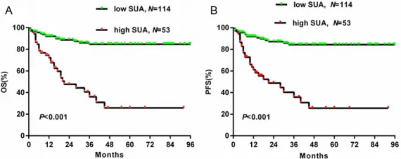 Figure 2. Kaplan-Meier curve for survival according to SUA level. A. Overall survival (Log-rank test, p<0.001)