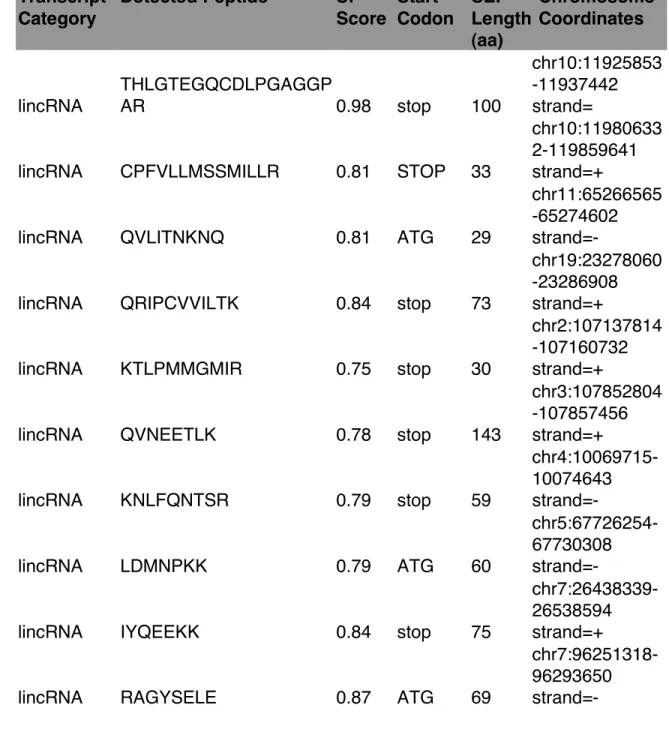 Table 1.2 List of high-confidence SEPs derived from lincRNA transcripts. When  present, an upstream in-frame AUG was assumed to be the initiation codon