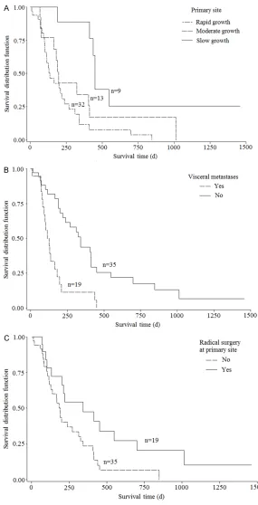 Figure 2. Kaplan-Meier survival curves for preoperative factors in aged pa-tients with metastatic spinal cord compression after decompressive surgery: (A) primary site, (B) visceral metastases, and (C) radical surgery at primary site