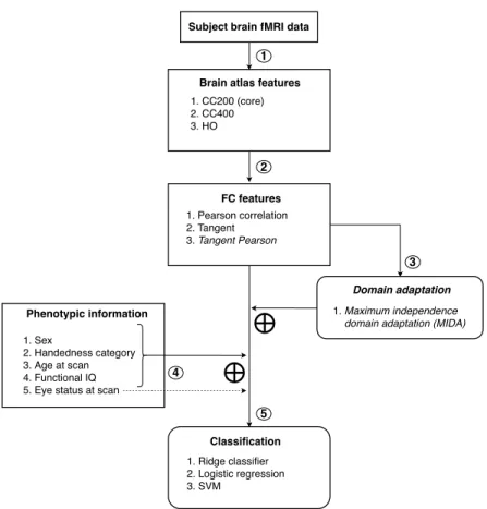 Figure 1: Overview of the pipeline for domain adaptation on functional connectivity (FC) features
