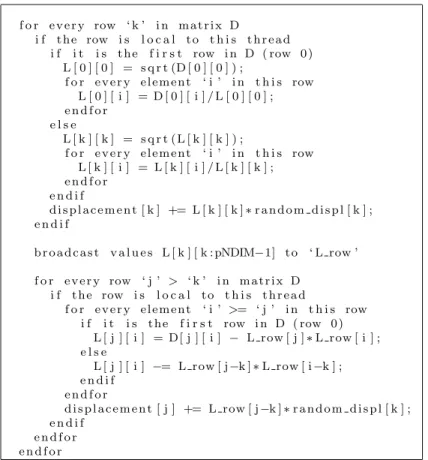 Figure 4 presents a domain decomposition and hence a workload distri- distri-bution, both for MPI and UPC, focused on maximizing load balancing and exploiting local computations to reduce communications for Fixman’s  algo-rithm