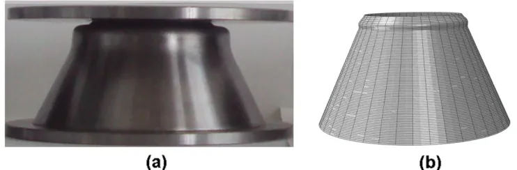 Fig. 2.  View of externally pressurized cone – Fig. 2a and the FE generated shape – Fig.2b with the same number of lobes around the circumference