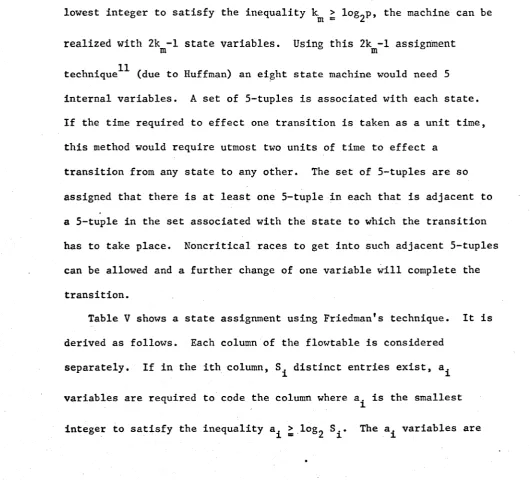 Table V shows a state assignment using Friedman's technique. 