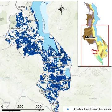 Figure 1.Figure 1. Afridev hand pump boreholes installed between 2000–2016 mapped to date by the CJF (n = 14,943 as of January 2019, with mapping generally proceeding from south to north)