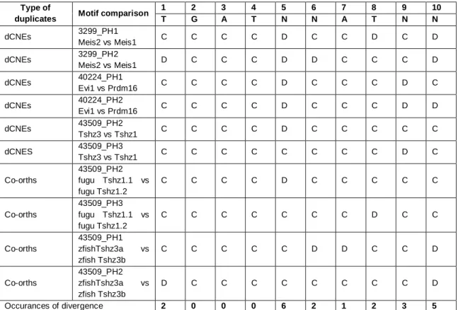 Table  5.3.  Conservation  of  Pbx-Hox  motifs  between  duplicated  CNEs.  The  conservation (C) or divergence (D) between duplicated elements is tabulated for each  position  (1-10)  of  aligned  Pbx-Hox  (PH)  motifs  from  duplicated  (dCNEs)  and   co