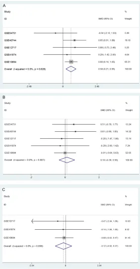 Figure 6. Forest plots for evaluation of the correlation between miR-145-5p expression and different clinical pathological parameters in HCC performed by fixed-effects models
