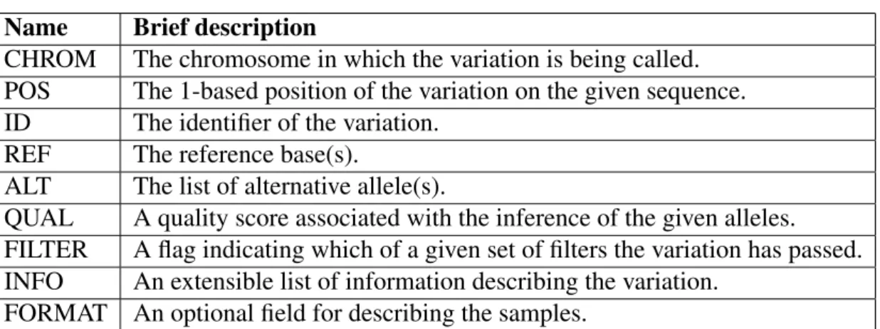 Table 4.1: VCF format specifications