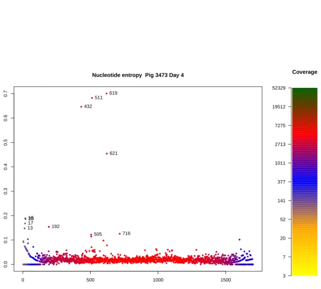 Figure 3.2.: Single sample, single segment Shannon nucleotide entropy plot. The plot shows the entropy levels as computed by Equation 3.2.1 of H1N1 sample from Pig 3473 day 4, HA segment
