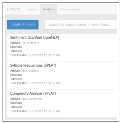 Figure 1: Linguine’s tab-based interface showingthe Analyses tab with three completed analyses.