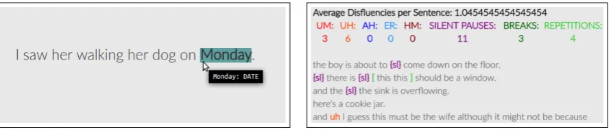 Figure 6: Visualizing named entity recognition (left) and disﬂuencies in speech transcription (right).