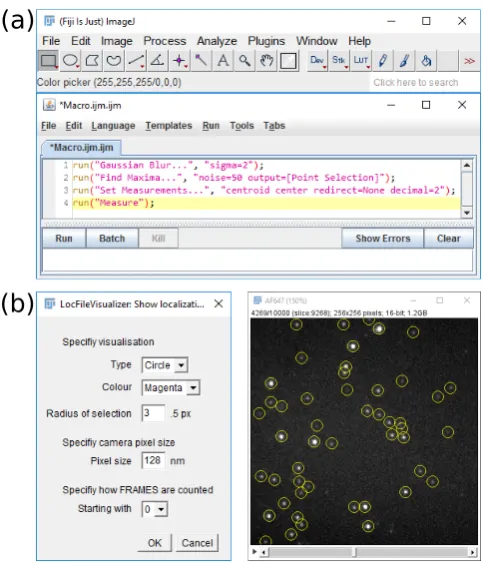 Figure 1. ImageJ GUI and macro programming. (a) Top: Fiji interface, bottom: script editor for programming