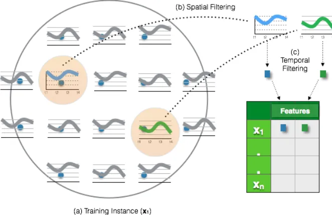 Figure 2.4:Spatial and temporal ﬁltering of spatiotemporal process (a) data is represented asit is acquired, (b) spatial locations that are making a diﬀerence in classiﬁcation are selected, (c)time series data is ﬁltered and summarized in a single point using temporal ﬁltering techniques.
