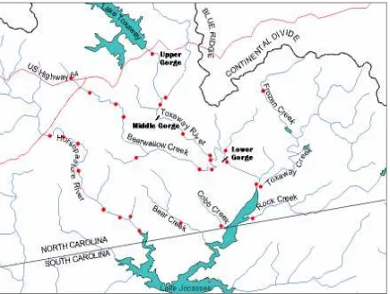 Figure 1.1  Major drainage basins in North Carolina.  The Upper Savannah includes Chattooga, Whitewater, Thompson, Horsepasture and Toxaway Rivers; draining from 
