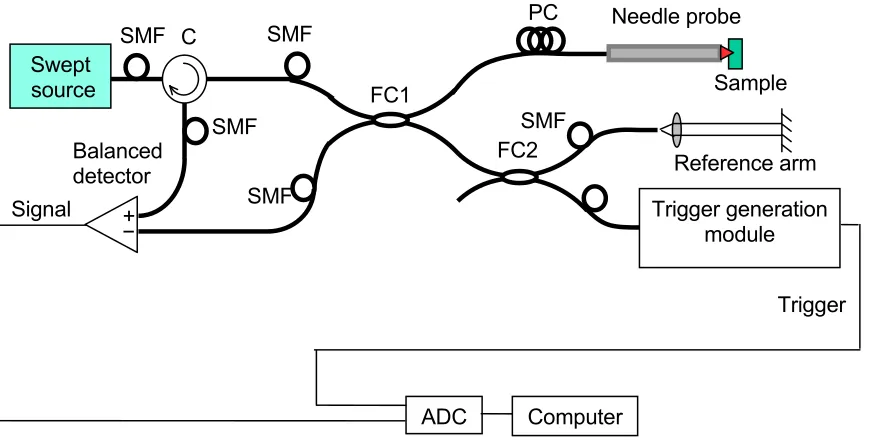 Figure 2.3. Experimental setup of swept-source based OCT. SMF: single-mode fiber; C: circulator; PC: polarization controller: ADC: analog-to-digital converter; FC1 and FC2: fiber coupler 1 and 2