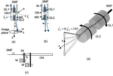 Figure 2.6. Schematic of the PARS-OCT probe. (a) When there is an angle between the two angled surfaces of the GRIN lenses, the exit laser beam is tilted; (b) When the two angled surfaces of the GRIN lenses are parallel, the exit laser beam is undeviated; 