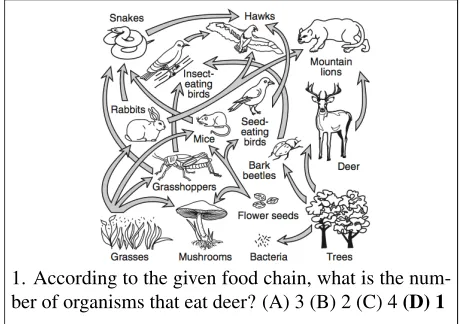Figure 1: Example food web questions. A food web depictsa collection of organisms in an ecosystem with an arrow fromorganism x to y indicating that y eats x