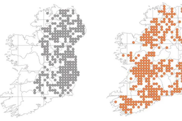 Figure 1 (a) Grey squirrel and (b) red squirrel distribution in Ireland as reported in 2007 Irish Squirrel Survey (Carey et al., 2007)