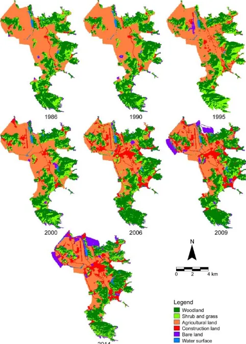 Fig. 2 mapped the landscape patterns of Zhujiajian Island from 1986 to 2014. From the landscape patterns of the past seven periods, there are three landscape types, namely 2006 to 2009