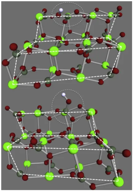 Fig. 3. Molecular structures for the calcite cluster used to model bicarbonate in an obtuse kink site in (a) side and (b) perspective view of thestep