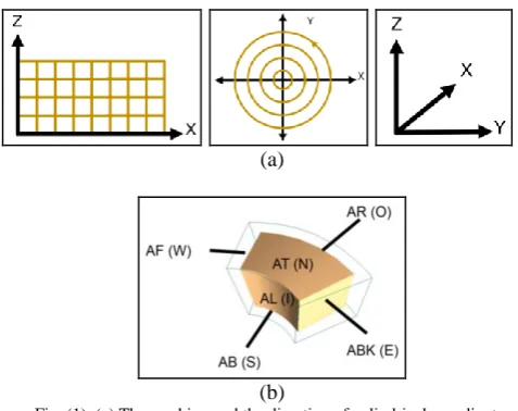 Fig. (1). (a) The meshing and the direction of cylindrical coordinate; and (b) The six faces of a cell or a sub-mesh