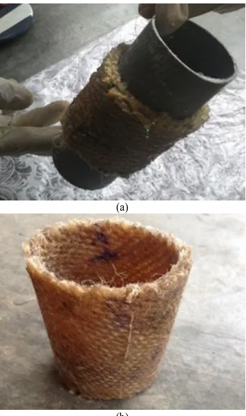 Fig. 2. (a) Wet and wrapped woven kenaf around the mold; (b) The hardened (b) cylindrical woven kenaf composites