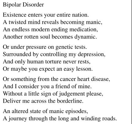Figure 3: Sample sonnet generated from the topic phrase bipo-lar disorder.