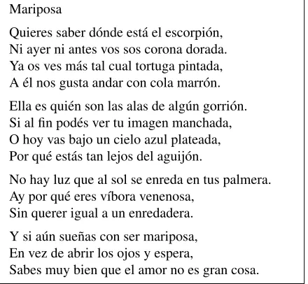 Figure 7: Sample Spanish poem generated in classicalform, on the topic soneta mariposa (butterﬂy).