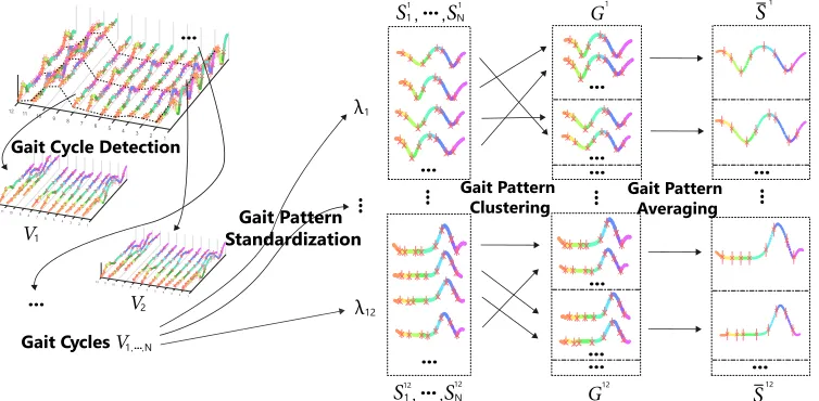Fig. 5: Proposed gait pattern extraction, showing steps from left to right: extraction of gait parameter curves V λi via gait cycle detection,then standardizing to Sz (Step1), clustering to Gz (Step2) and averaging as S¯z (Step3).