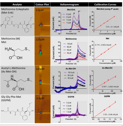 Figure  11:  Chart  of  investigated  natural  amino  acid,  functionalized  amino  acid  and  truncated  peptide  with  corresponding  colour  plots,  voltammogram  and  calibration  curves  for  review  of  the  contribution  of  Met  to  the  signal  of  Met-­Enk     