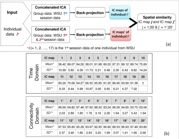 Fig. 7. Comparison between time domain and connectivity domain analysis in extracting IC maps of individuals' brain when different group data were used