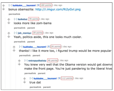 Figure 1: A snapshot of the top of a Reddit discussion tree,where karma scores are shown in red boxes.