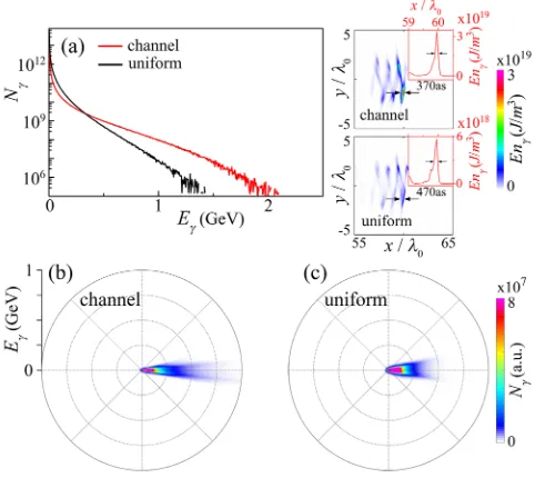 FIG. 2. (a) Energy spectra of electrons atof the parameterelectron energy density and laser transverse electric t ¼ 58T0