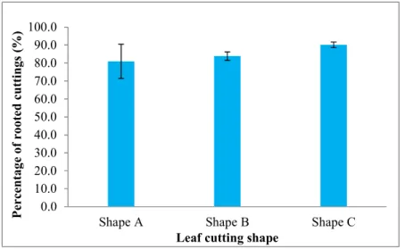 Fig. 4: Percentage of rooted cuttings in different leaf cutting shapes 