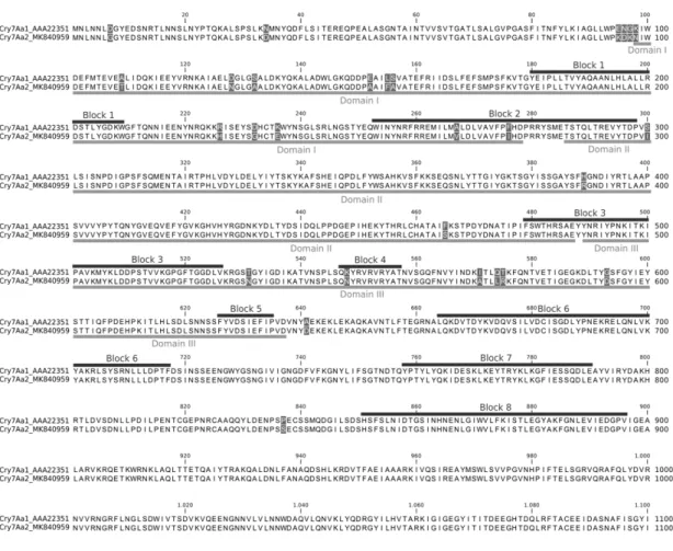 Figure  2.  Alignment  of  the  deduced  amino  acid  sequence  of  Cry7Aa1  and  Cry7Aa2