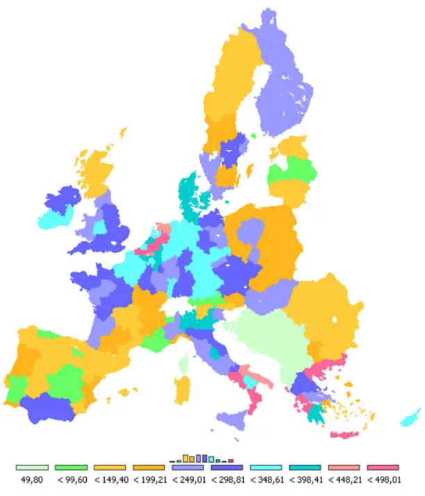 Figure 3:  Distribution of decoupled payments at baseline at the Nuts2 level in €/ha UAA