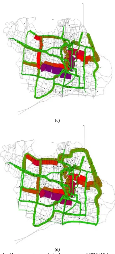 Fig. 10. Load public transport networks in the current trend 2030 (10a) and in (d) the alternatives (BRT-grid structure (10b), MRT+LRT (10c) and combination of all PT-systems (10d))