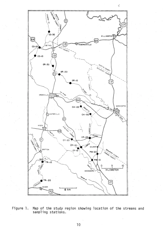 Figure 1. Map of the study region showing location of the streams and sampling stations