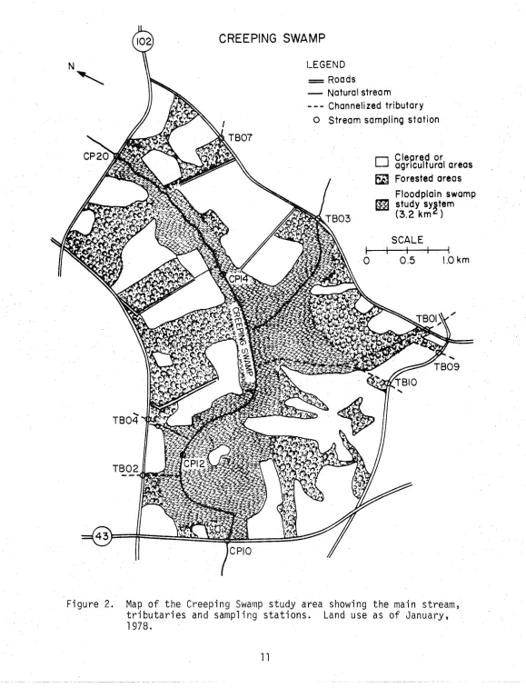 Figure 2. Map of the Creeping Swamp study area showing the main stream, tributaries and sampling stations