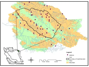 Figure (1) - Catchment location Mashhad plain with  rain gauge stations in and around 