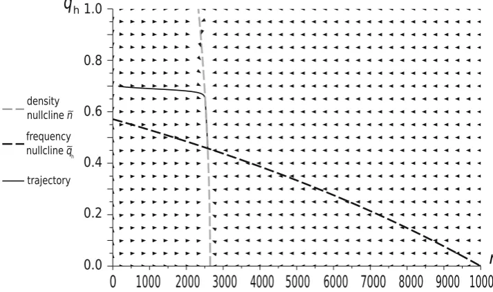 Fig. 4 The dynamics of a Hawk–Dove population in our new modelwith initial conditions qhð0Þ ¼ 0:7 and nð0Þ ¼ 147