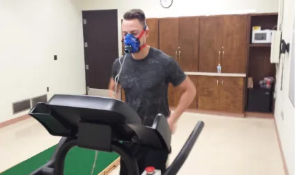 Figure 8: Illustrates the MVO2 Treadmill Protocol being performed with Hans Rudolph Mask attached to the participants head